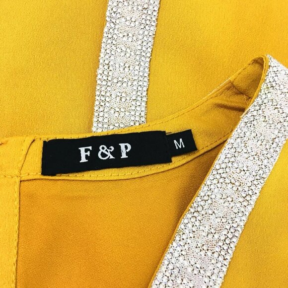 F & P Paris Marigold Satin Bejeweled Dress Sz M Open Flowing Back Panels - Picture 9 of 10